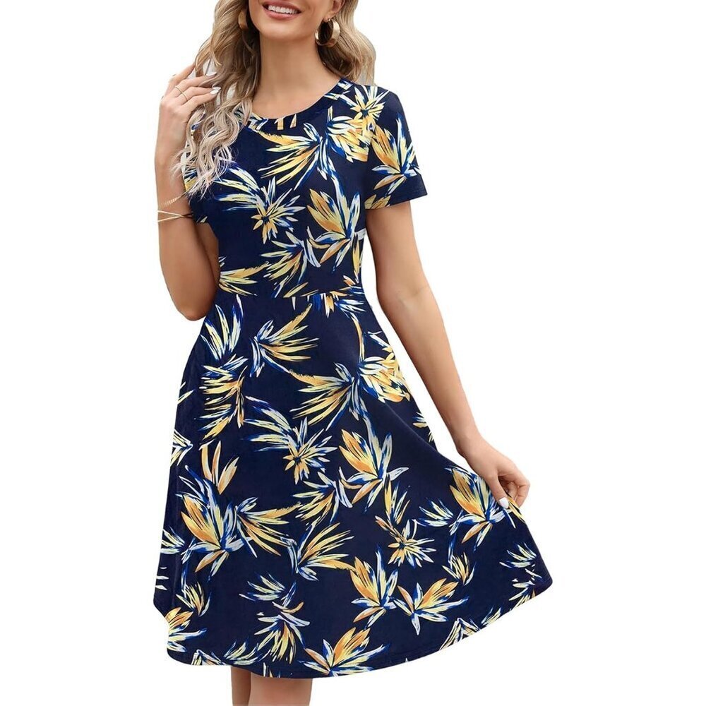 Women's Blue Floral Elegant Knee Length Vintage A-Line Swing Dress with Pockets